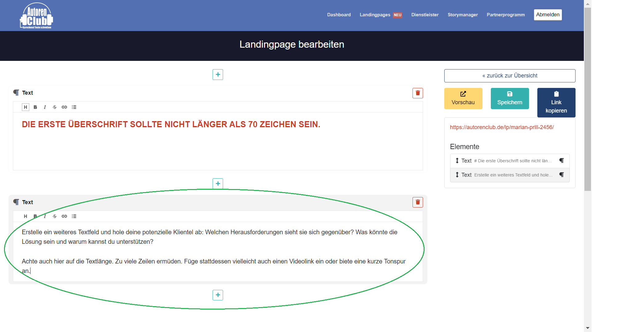 Stark einsteigen in den Text: Weiterhin kurz und knapp halten.